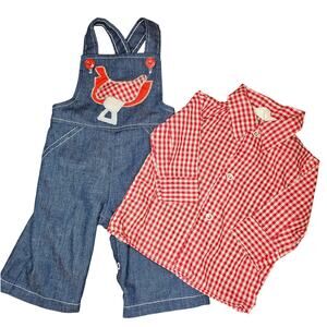 Vintage Baby Overall Matching Set Western Cowboy Saddle XS Red Plaid (704)